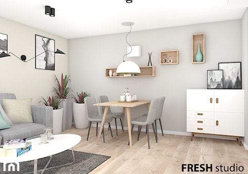 mieszkanie styl skandynawski - Średni szary salon z jadalnią, styl skandynawski - zdjęcie od FRESHstudio projektowanie wnętrz