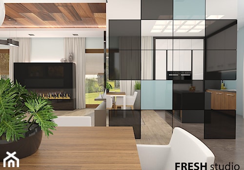 drewno i czerń - Średnia szara jadalnia w salonie, styl nowoczesny - zdjęcie od FRESHstudio projektowanie wnętrz
