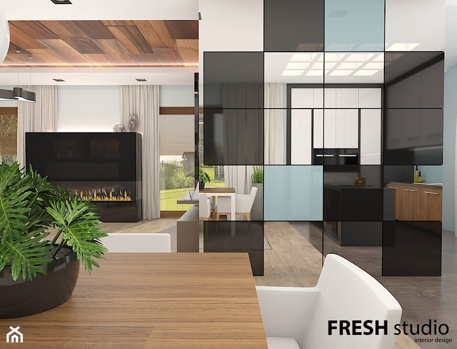drewno i czerń - Średnia szara jadalnia w salonie, styl nowoczesny - zdjęcie od FRESHstudio projektowanie wnętrz