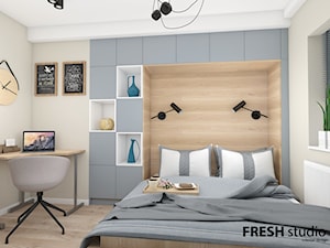 mieszkanie styl skandynawski - Średnia beżowa niebieska z biurkiem sypialnia, styl skandynawski - zdjęcie od FRESHstudio projektowanie wnętrz