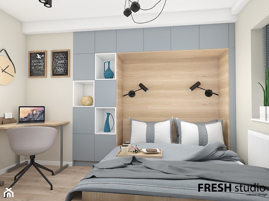 mieszkanie styl skandynawski - Średnia beżowa niebieska z biurkiem sypialnia, styl skandynawski - zdjęcie od FRESHstudio projektowanie wnętrz
