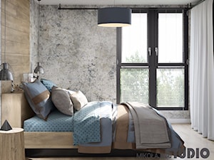 beton na scianie - Średnia brązowa szara sypialnia - zdjęcie od agatamilk