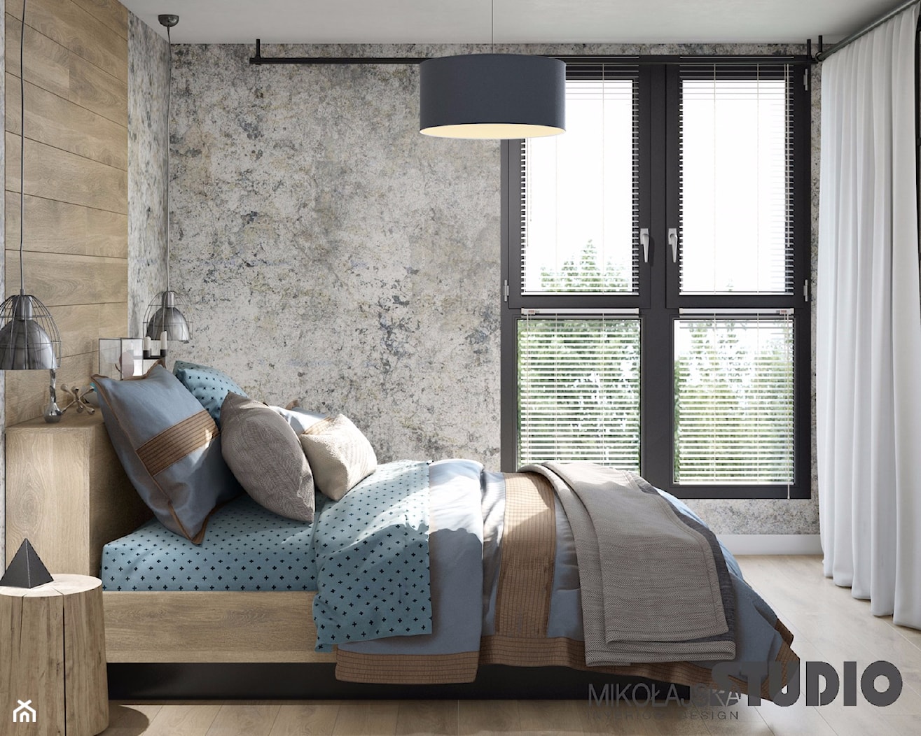 beton na scianie - Średnia brązowa szara sypialnia - zdjęcie od agatamilk - Homebook
