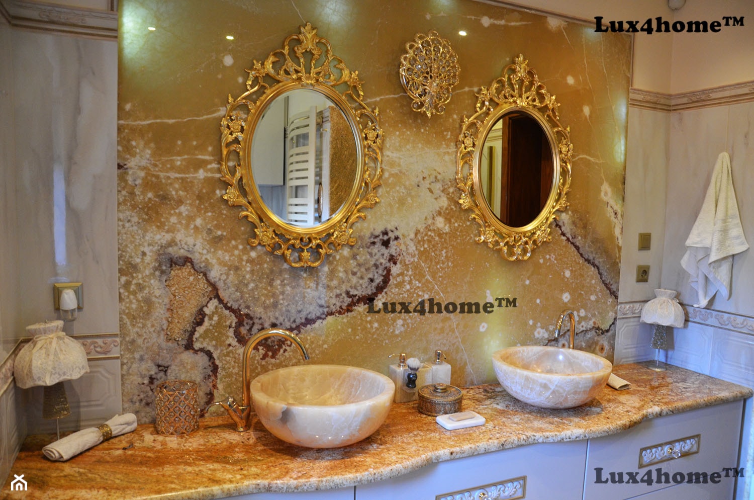 Okrągłe umywalki z onyksu na blacie - onyksowe umywalki na blat - zdjęcie od Lux4home™ - Homebook