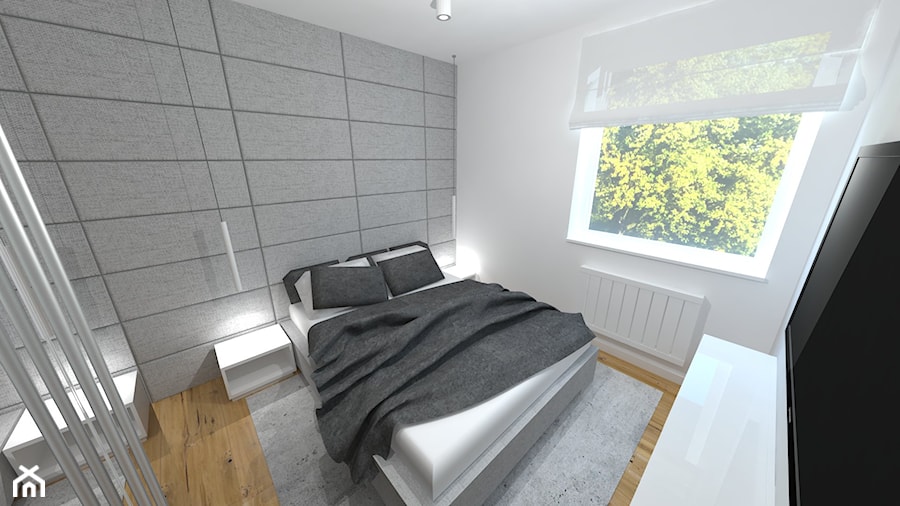 Sypialnia w apartamentowcu - Mała biała szara sypialnia, styl nowoczesny - zdjęcie od Mayari Studio