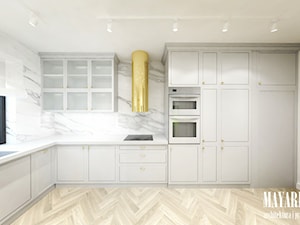 Kuchnia 2 - Duża z salonem biała szara z zabudowaną lodówką z podblatowym zlewozmywakiem kuchnia w kształcie litery l - zdjęcie od Mayari Studio