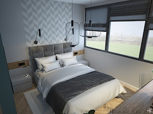 Mały apartament dwupoziomowy - Mała szara z biurkiem sypialnia, styl nowoczesny - zdjęcie od byMadeline Projektowanie Wnętrz