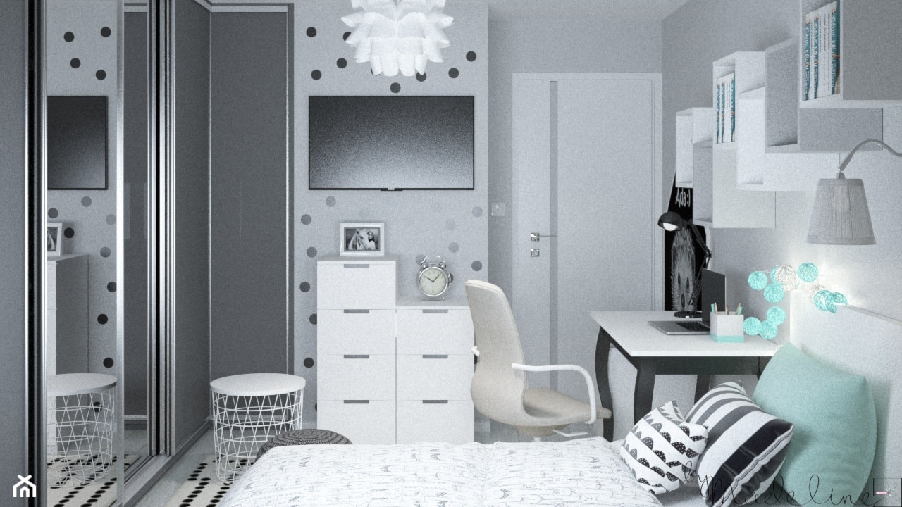 Pokój miętowy dla dziewczynki - Mały szary pokój dziecka dla dziecka dla nastolatka dla chłopca dla dziewczynki, styl nowoczesny - zdjęcie od byMadeline Projektowanie Wnętrz - Homebook