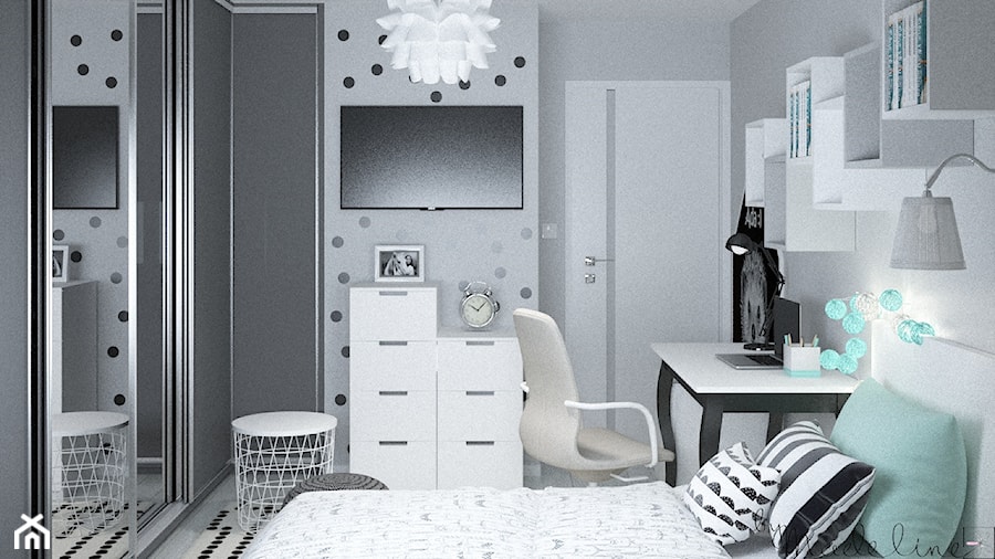 Pokój miętowy dla dziewczynki - Mały szary pokój dziecka dla dziecka dla nastolatka dla chłopca dla dziewczynki, styl nowoczesny - zdjęcie od byMadeline Projektowanie Wnętrz