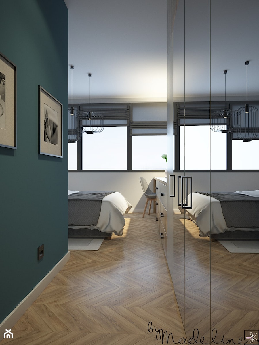 Mały apartament dwupoziomowy - Średnia biała niebieska z biurkiem sypialnia, styl nowoczesny - zdjęcie od byMadeline Projektowanie Wnętrz