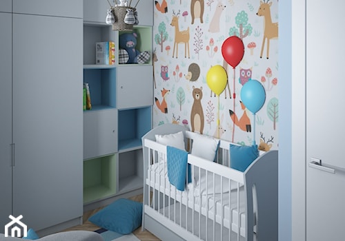 Mały apartament dwupoziomowy - Mały biały niebieski pokój dziecka dla niemowlaka dla chłopca, styl nowoczesny - zdjęcie od byMadeline Projektowanie Wnętrz