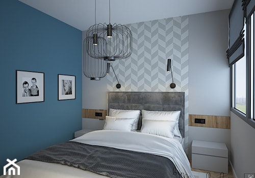 Mały apartament dwupoziomowy - Mała niebieska szara sypialnia, styl nowoczesny - zdjęcie od byMadeline Projektowanie Wnętrz