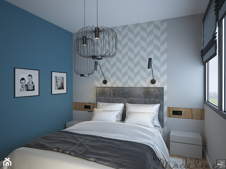 Mały apartament dwupoziomowy - Mała niebieska szara sypialnia, styl nowoczesny - zdjęcie od byMadeline Projektowanie Wnętrz