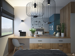 Mały apartament dwupoziomowy - Mała biała szara z biurkiem sypialnia, styl nowoczesny - zdjęcie od byMadeline Projektowanie Wnętrz