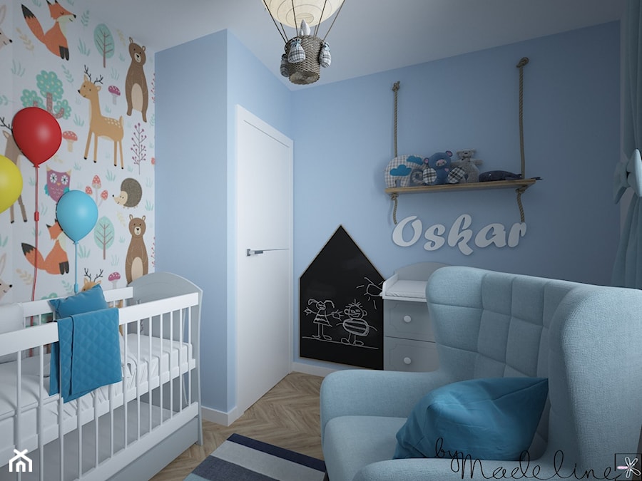 Mały apartament dwupoziomowy - Średni biały niebieski pokój dziecka dla niemowlaka dla chłopca, styl nowoczesny - zdjęcie od byMadeline Projektowanie Wnętrz