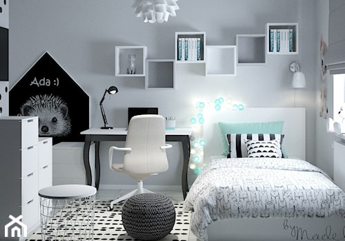Pokój miętowy dla dziewczynki - Mały biały czarny szary pokój dziecka dla nastolatka dla chłopca, styl nowoczesny - zdjęcie od byMadeline Projektowanie Wnętrz