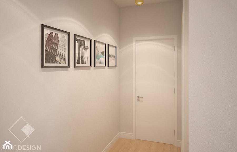Mieszkanie z żółtymi drzwiami - Biały szary hol / przedpokój, styl skandynawski - zdjęcie od Szkic Design - Projektowanie wnętrz