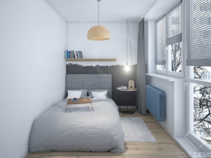 Dwa pokoje - Mała biała czarna sypialnia z balkonem / tarasem, styl skandynawski - zdjęcie od Szkic Design - Projektowanie wnętrz
