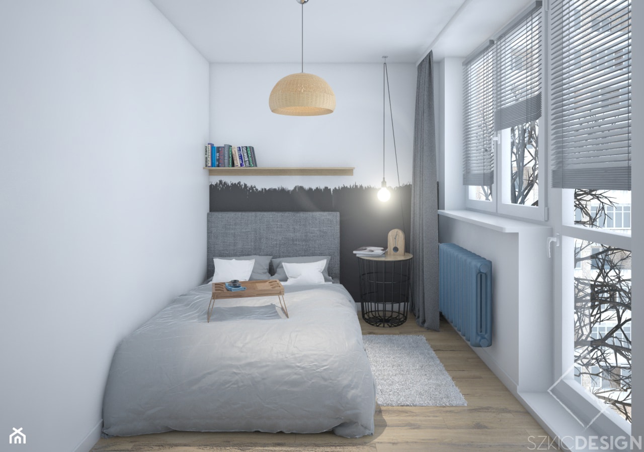 Dwa pokoje - Mała biała czarna sypialnia z balkonem / tarasem, styl skandynawski - zdjęcie od Szkic Design - Projektowanie wnętrz - Homebook