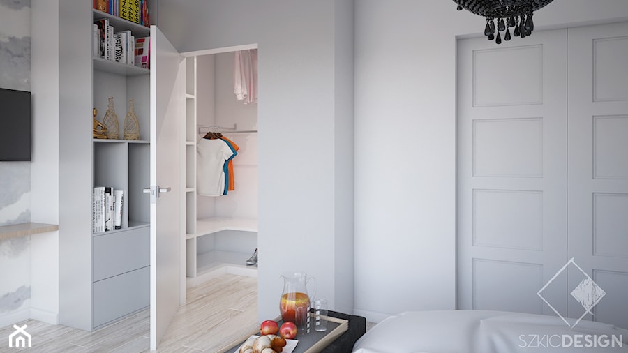 Projekt mieszkania w Płocku - Mała biała szara sypialnia z garderobą, styl skandynawski - zdjęcie od Szkic Design - Projektowanie wnętrz