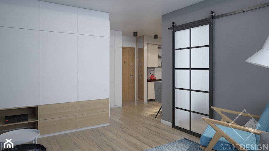 Dwa pokoje - Średni biały szary salon z kuchnią z jadalnią, styl industrialny - zdjęcie od Szkic Design - Projektowanie wnętrz