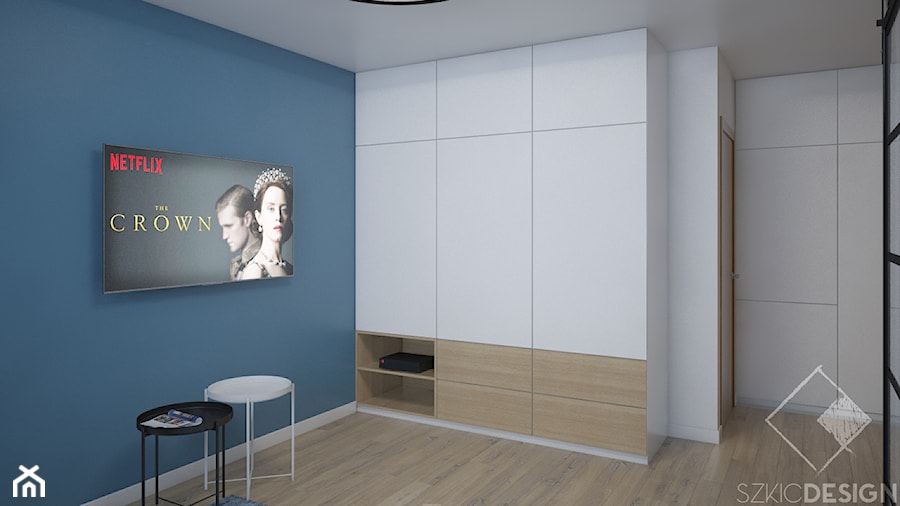 Dwa pokoje - Średni biały niebieski salon, styl industrialny - zdjęcie od Szkic Design - Projektowanie wnętrz