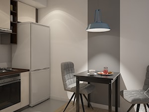 Dwa pokoje - Mała otwarta z kamiennym blatem szara z zabudowaną lodówką kuchnia jednorzędowa, styl minimalistyczny - zdjęcie od Szkic Design - Projektowanie wnętrz