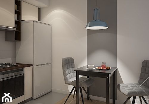 Dwa pokoje - Mała otwarta z kamiennym blatem szara z zabudowaną lodówką kuchnia jednorzędowa, styl minimalistyczny - zdjęcie od Szkic Design - Projektowanie wnętrz