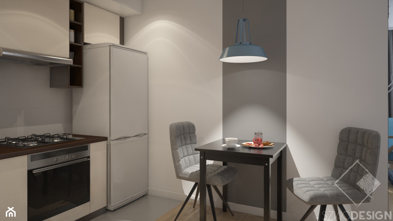 Dwa pokoje - Mała otwarta z kamiennym blatem szara z zabudowaną lodówką kuchnia jednorzędowa, styl minimalistyczny - zdjęcie od Szkic Design - Projektowanie wnętrz - Homebook