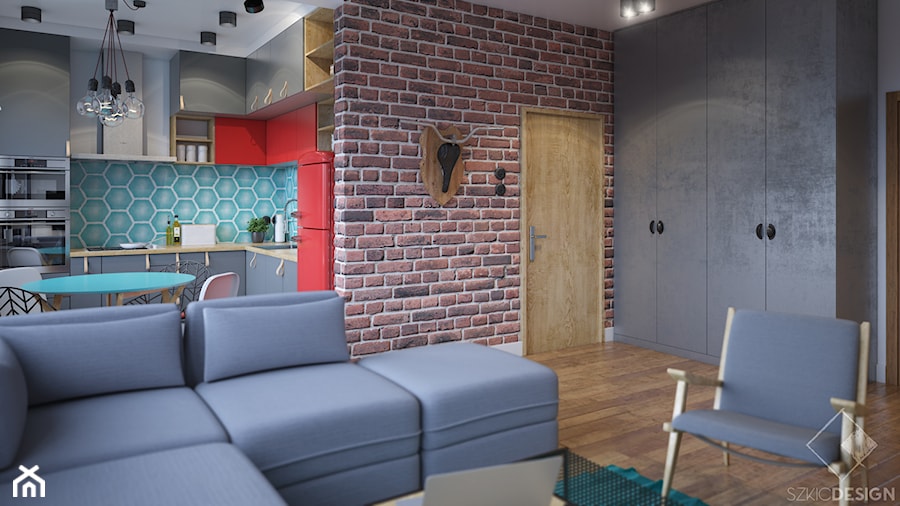 Loft w bloku - Mały szary salon z kuchnią z jadalnią, styl vintage - zdjęcie od Szkic Design - Projektowanie wnętrz