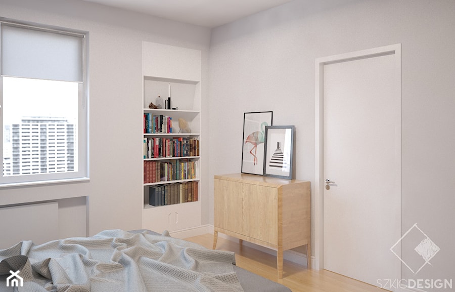 Mieszkanie z żółtymi drzwiami - Średnia biała szara sypialnia, styl skandynawski - zdjęcie od Szkic Design - Projektowanie wnętrz