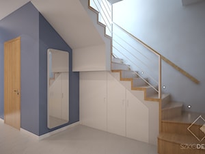Mieszkanie z żółtymi drzwiami - Średni biały niebieski hol / przedpokój, styl nowoczesny - zdjęcie od Szkic Design - Projektowanie wnętrz
