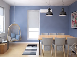 Mieszkanie z żółtymi drzwiami - Biały niebieski salon z jadalnią, styl nowoczesny - zdjęcie od Szkic Design - Projektowanie wnętrz