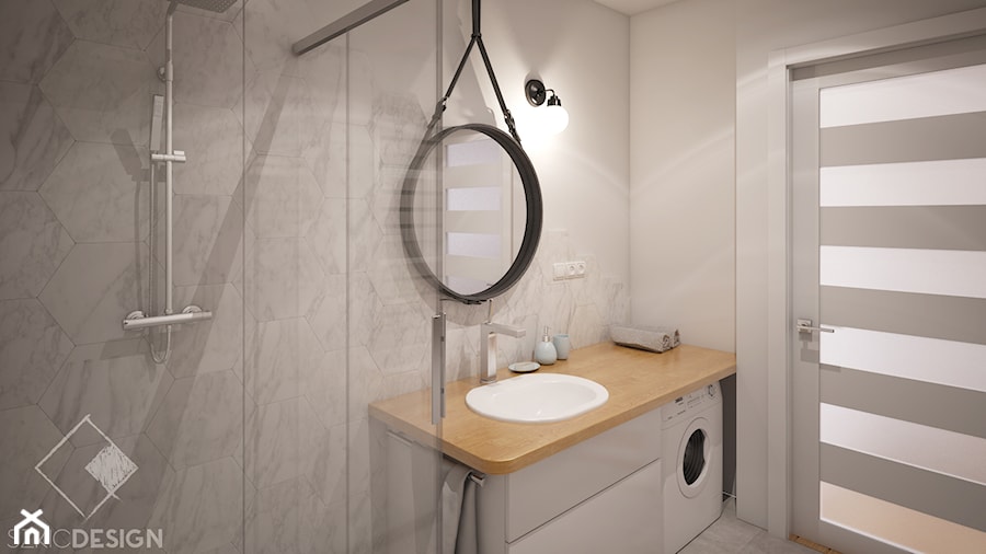 3xP = Podolszyce Południowe w Płocku - Mała bez okna z pralką / suszarką łazienka, styl skandynawski - zdjęcie od Szkic Design - Projektowanie wnętrz