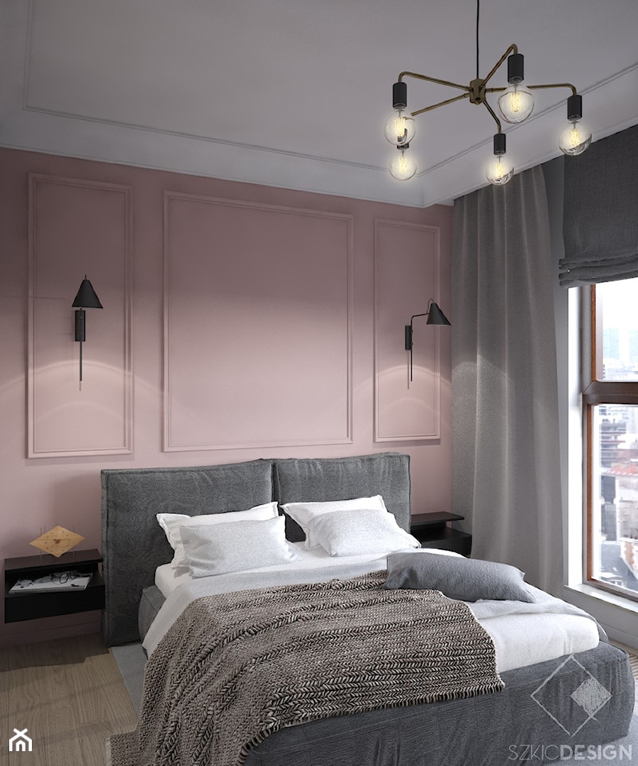 12 PIĘTER - Średnia biała różowa sypialnia, styl nowoczesny - zdjęcie od Szkic Design - Projektowanie wnętrz