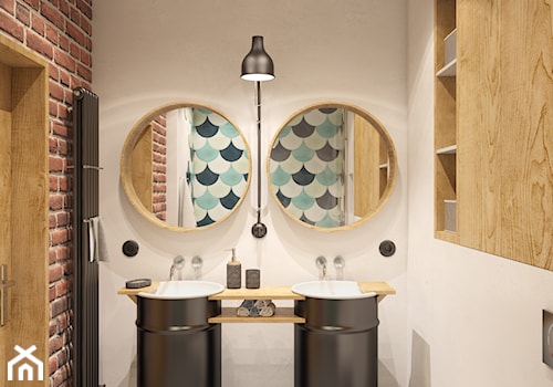 Loft w bloku - Średnia bez okna z dwoma umywalkami z punktowym oświetleniem łazienka, styl vintage - zdjęcie od Szkic Design - Projektowanie wnętrz