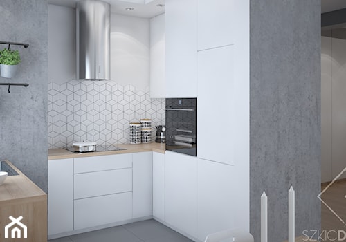 Mieszkanie w Legionowie - Mała otwarta biała z zabudowaną lodówką z podblatowym zlewozmywakiem kuchnia w kształcie litery u, styl skandynawski - zdjęcie od Szkic Design - Projektowanie wnętrz