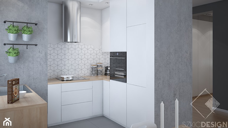 Mieszkanie w Legionowie - Mała otwarta biała z zabudowaną lodówką z podblatowym zlewozmywakiem kuchnia w kształcie litery u, styl skandynawski - zdjęcie od Szkic Design - Projektowanie wnętrz