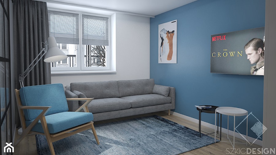 Dwa pokoje - Średni biały niebieski salon, styl vintage - zdjęcie od Szkic Design - Projektowanie wnętrz