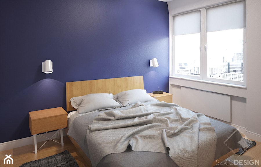 Mieszkanie z żółtymi drzwiami - Średnia biała niebieska sypialnia, styl skandynawski - zdjęcie od Szkic Design - Projektowanie wnętrz