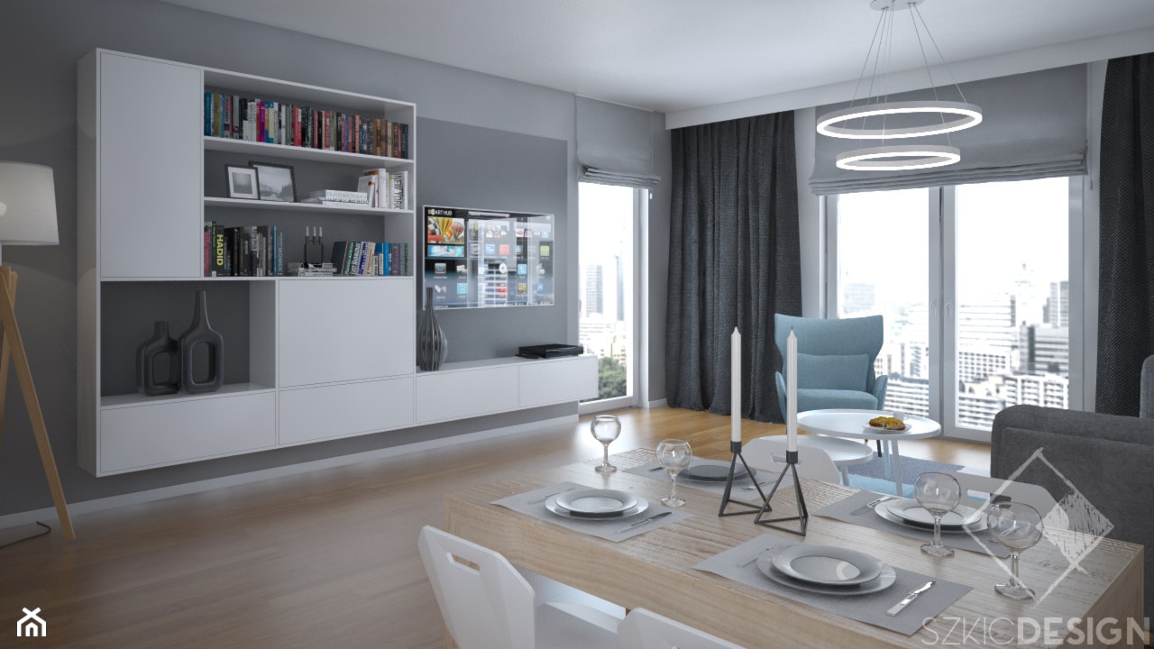 Mieszkanie w Legionowie - Duży szary salon z jadalnią, styl skandynawski - zdjęcie od Szkic Design - Projektowanie wnętrz - Homebook