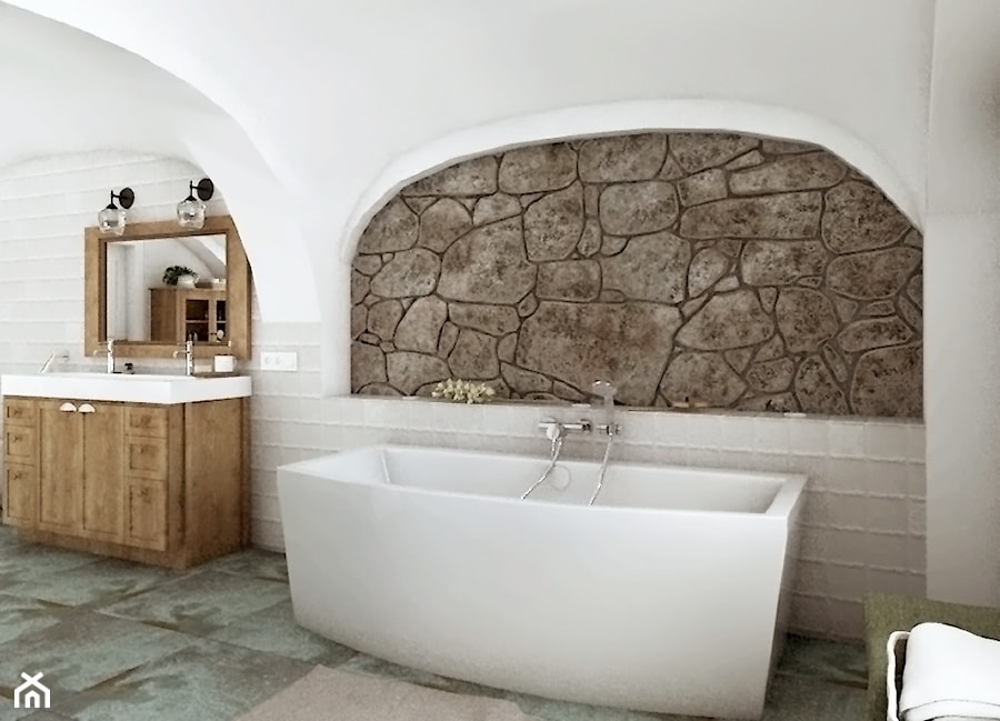 Rustykalny dom pod Zittau - Duża na poddaszu z lustrem z dwoma umywalkami łazienka, styl rustykalny - zdjęcie od Beata Szczudrawa projektowanie wnętrz