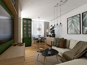 Mieszkanie w bloku - Średni biały zielony salon z jadalnią z barkiem, styl nowoczesny - zdjęcie od Beata Szczudrawa projektowanie wnętrz
