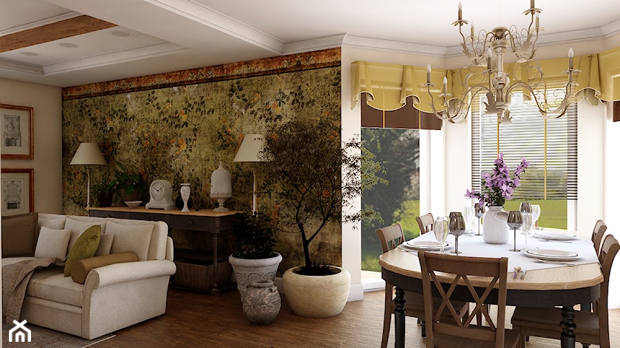Dom z prowansalskim akcentem - Średni beżowy salon z jadalnią, styl prowansalski - zdjęcie od Beata Szczudrawa projektowanie wnętrz