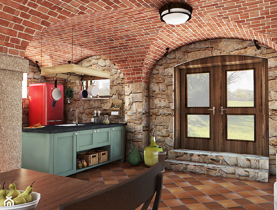 Rustykalny dom - Średnia otwarta z salonem z lodówką wolnostojącą kuchnia z oknem z marmurem nad blatem kuchennym, styl rustykalny - zdjęcie od Beata Szczudrawa projektowanie wnętrz