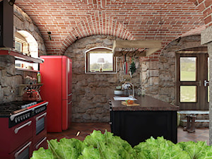 Rustykalny dom - Średnia otwarta z kamiennym blatem z zabudowaną lodówką z podblatowym zlewozmywakiem kuchnia dwurzędowa z oknem, styl rustykalny - zdjęcie od Beata Szczudrawa projektowanie wnętrz