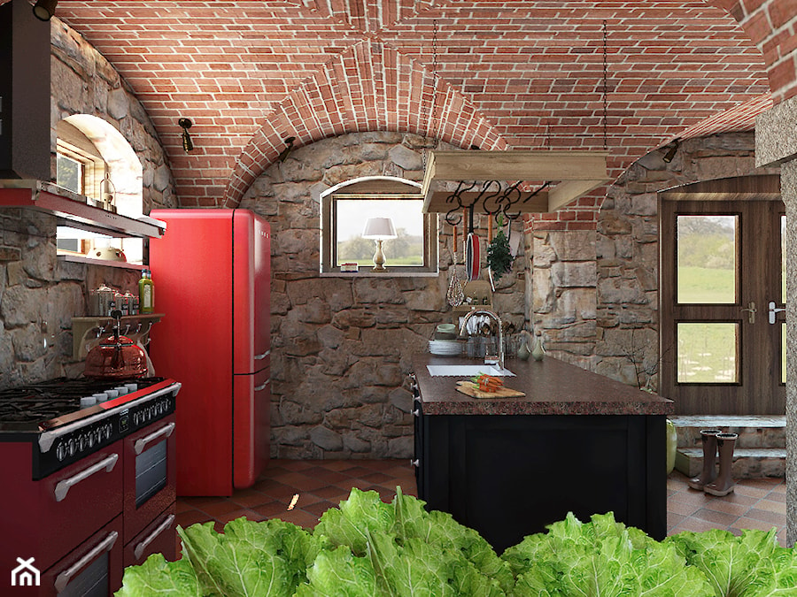 Rustykalny dom - Średnia otwarta z kamiennym blatem z zabudowaną lodówką z podblatowym zlewozmywakiem kuchnia dwurzędowa z oknem, styl rustykalny - zdjęcie od Beata Szczudrawa projektowanie wnętrz
