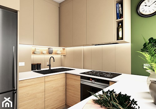 Mieszkanie w bloku - Mała beżowa zielona z zabudowaną lodówką z podblatowym zlewozmywakiem kuchnia w kształcie litery u, styl nowoczesny - zdjęcie od Beata Szczudrawa projektowanie wnętrz