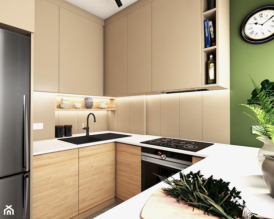 Mieszkanie w bloku - Mała beżowa zielona z zabudowaną lodówką z podblatowym zlewozmywakiem kuchnia w kształcie litery u, styl nowoczesny - zdjęcie od Beata Szczudrawa projektowanie wnętrz