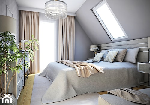 Dom w Leśnej - Średnia szara sypialnia na poddaszu z balkonem / tarasem, styl nowoczesny - zdjęcie od Beata Szczudrawa projektowanie wnętrz